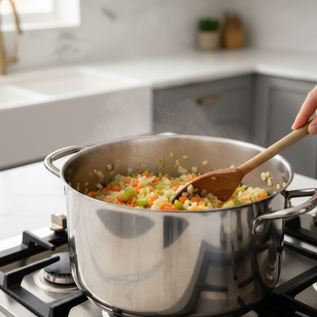 Sautéing onions carrots and celery in a pot for minestrone soup base