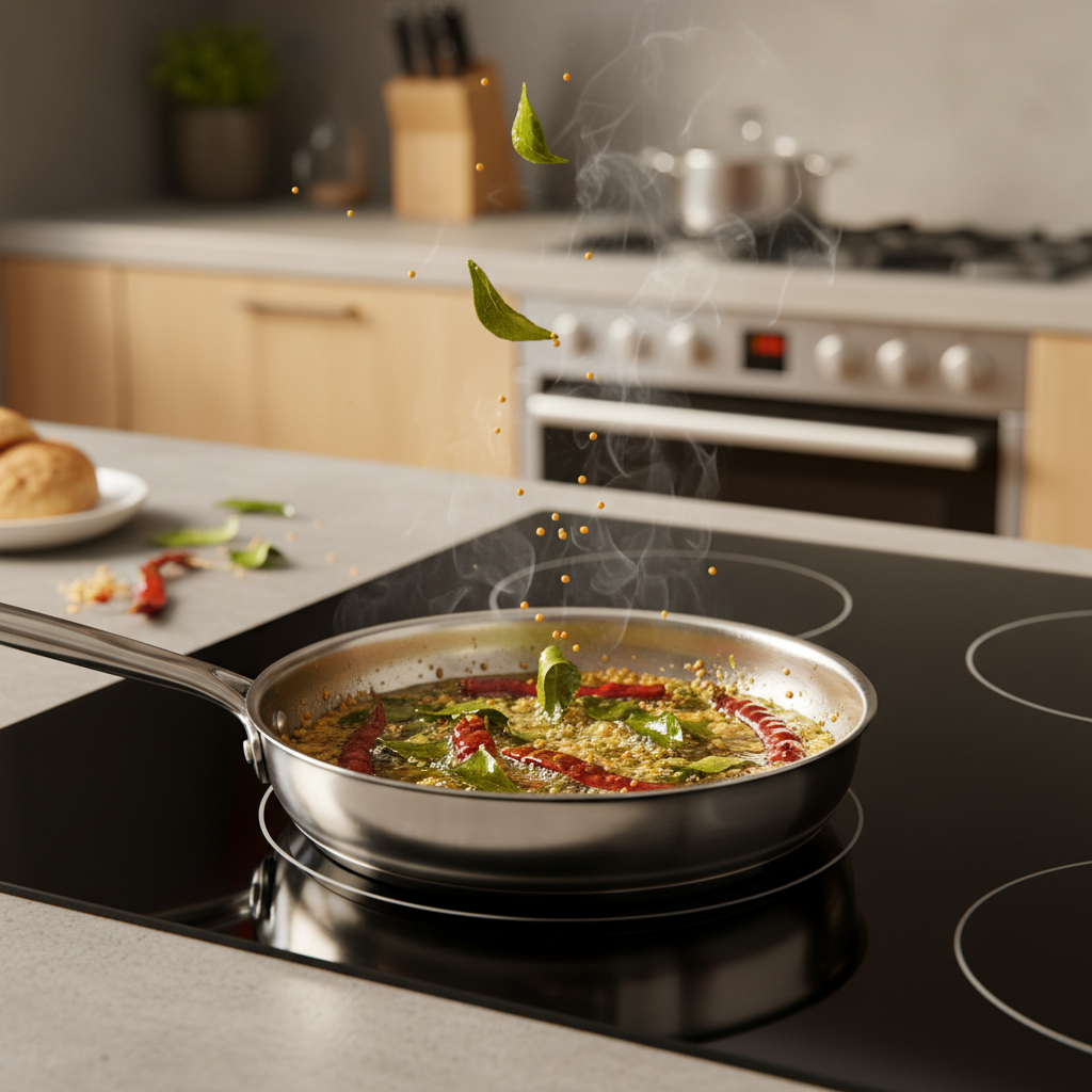 Tempering spices in a skillet for South Indian cooking
