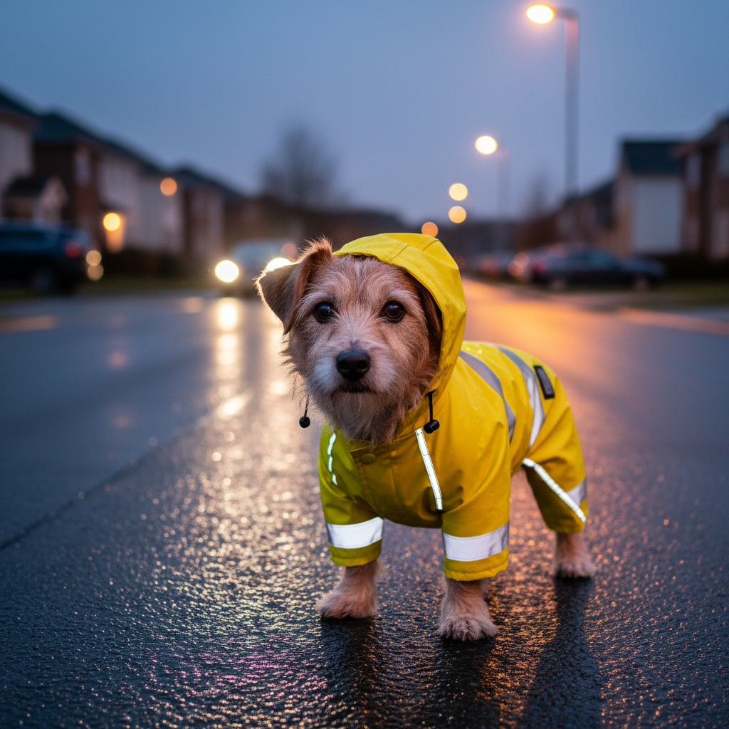 Reflective raincoat details on a small dog at dusk for visibility