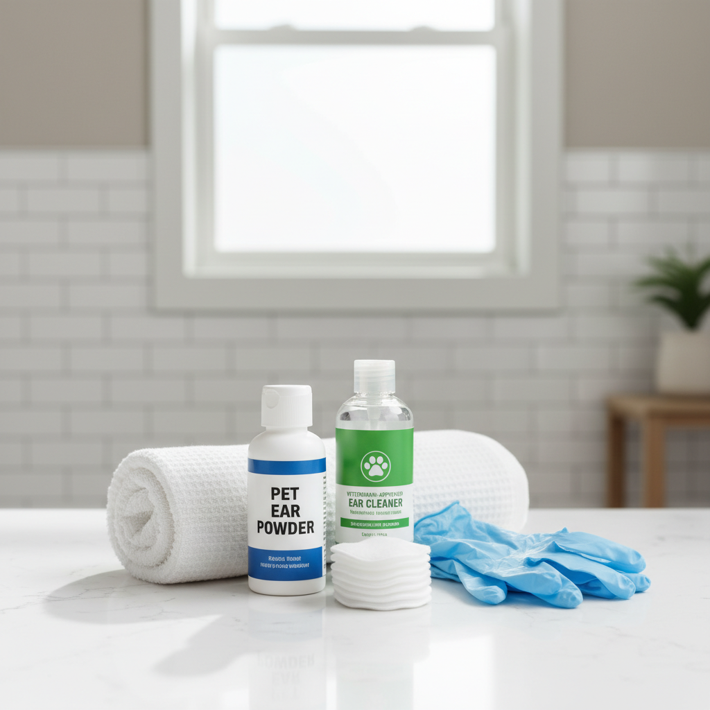 Pet grooming setup with ear powder and ear cleaning supplies