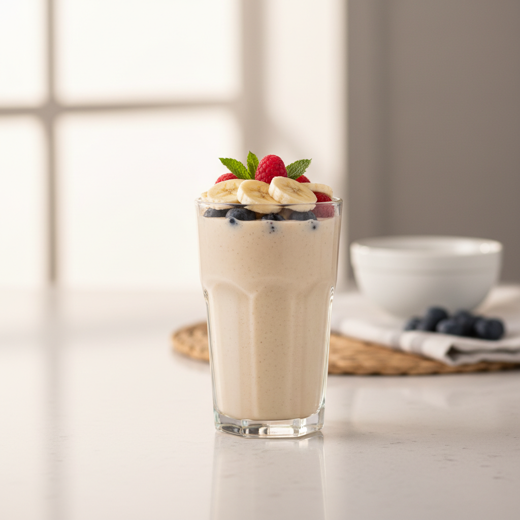 Creamy breakfast smoothie in a glass with fruit and toppings