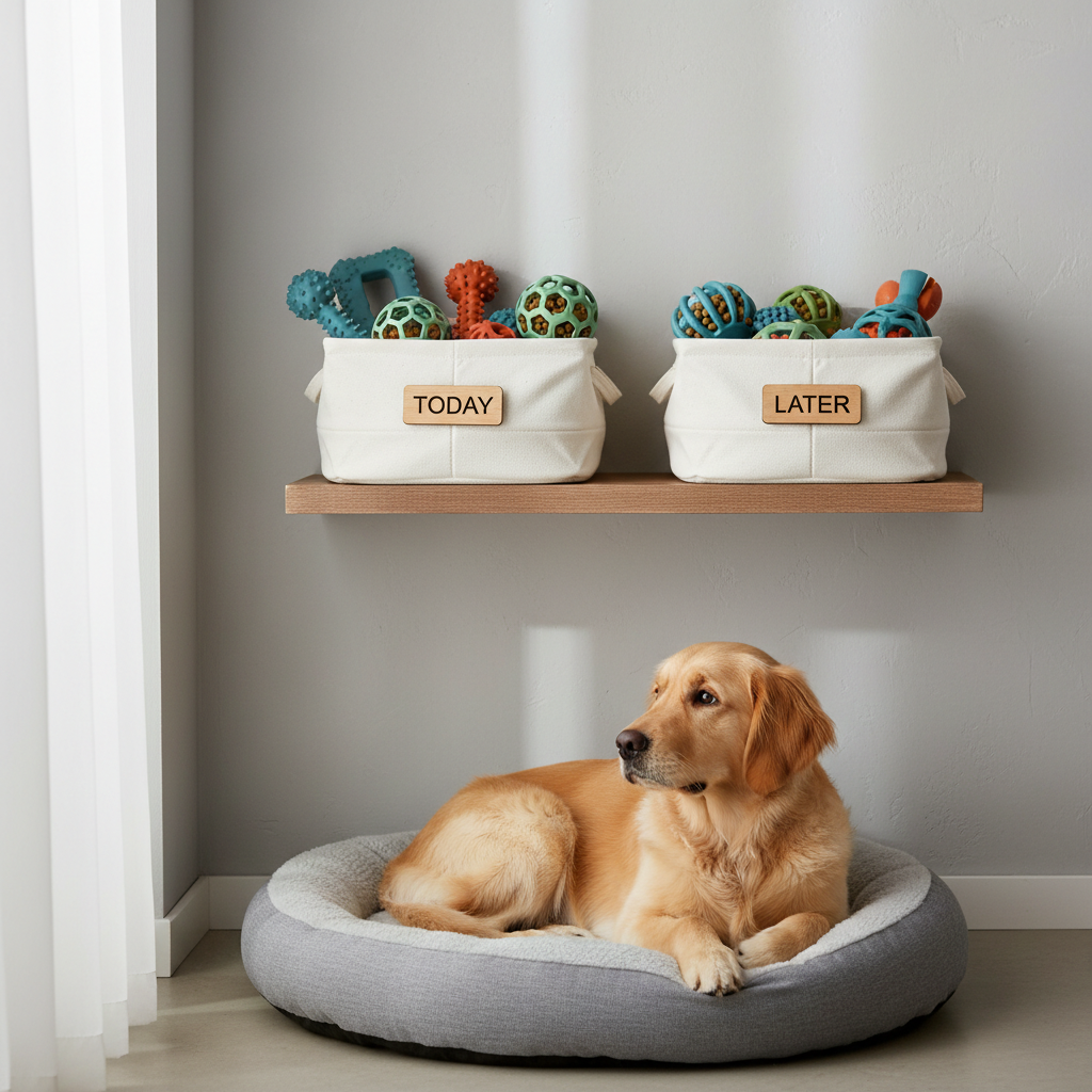 Toy rotation setup for large breed puppy teething with labeled bins