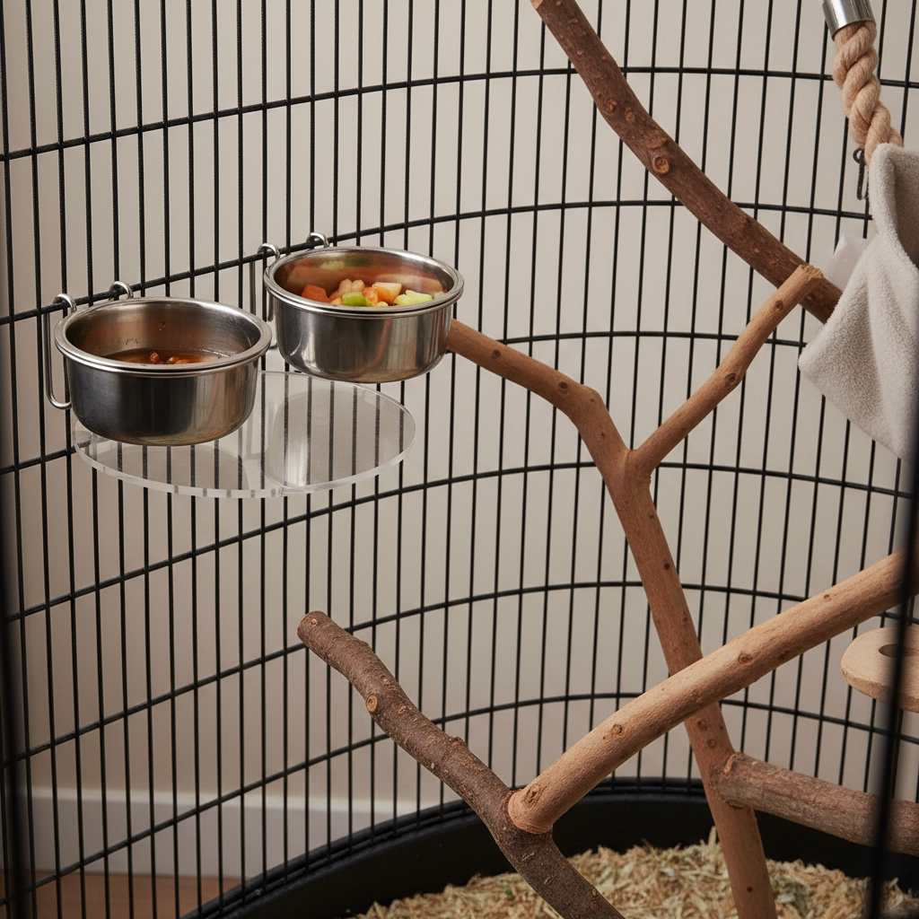 Proper placement of sugar glider bowls mounted in a cage corner with a clear landing area