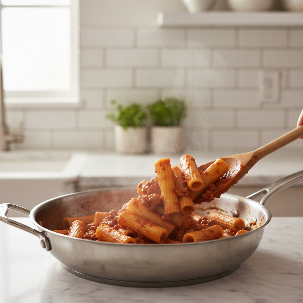 Rigatoni tossed with rich Italian ragù in a skillet