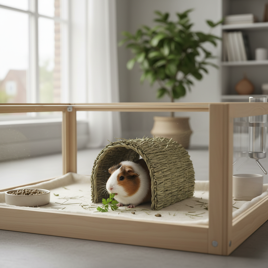 Guinea pig chewing an edible grass hide house in a clean indoor cage setup