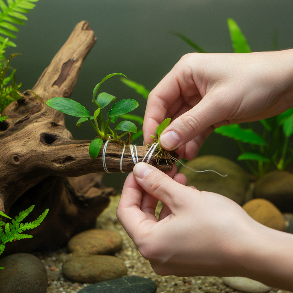 How to attach Anubias and Java fern to driftwood in a low maintenance aquarium