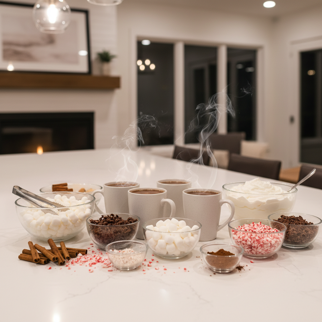 Hot cocoa topping bar with marshmallows whipped cream and spices for homemade hot cocoa