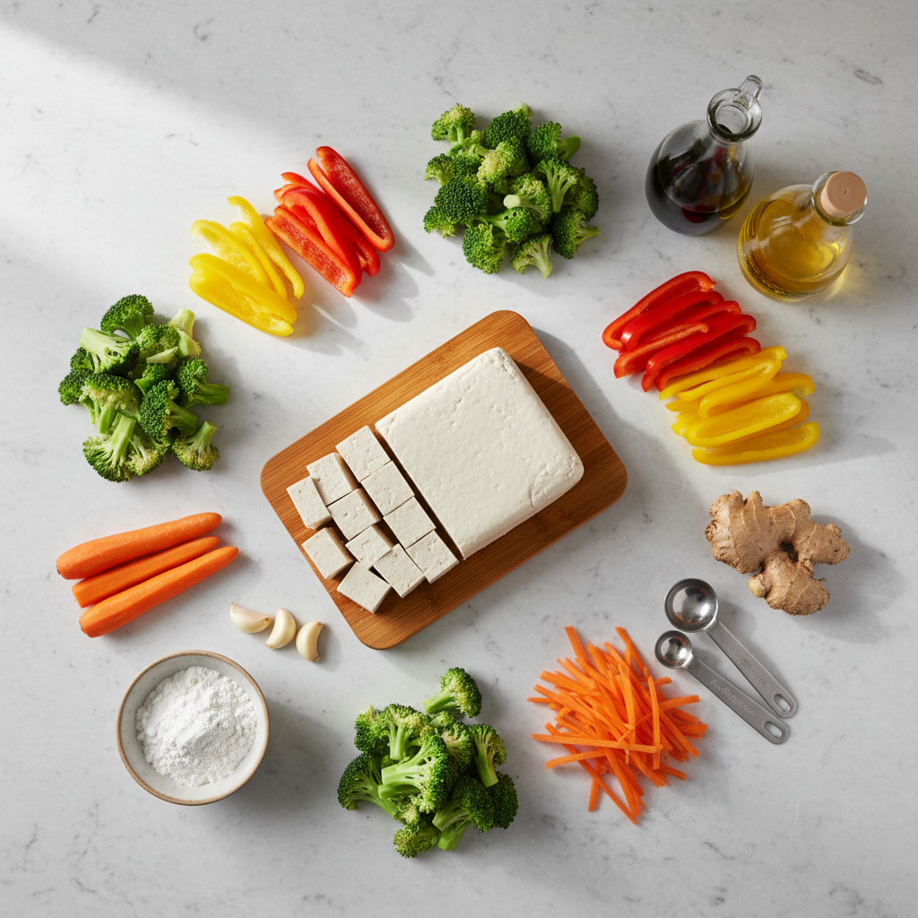 Ingredients for a simple tofu stir fry easy recipe on a countertop