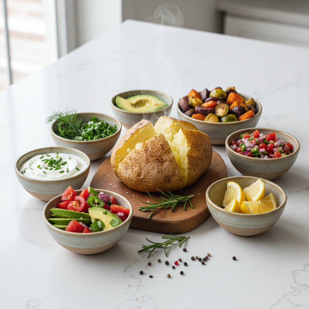Healthy baked potato toppings like Greek yogurt, herbs, salsa, and roasted vegetables