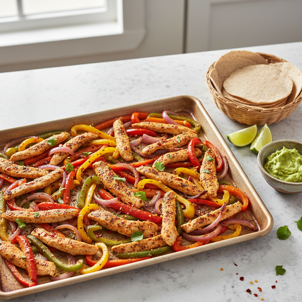 Sheet-pan chicken fajitas with peppers onions and spices for diabetic-friendly dinner