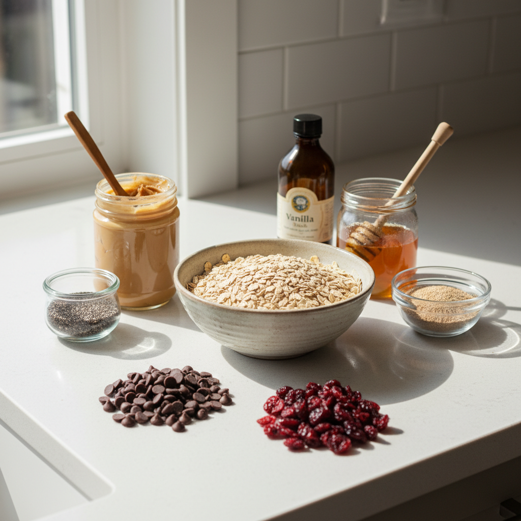 No-bake energy balls ingredients on a kitchen counter with oats, nut butter, seeds, and dried fruit