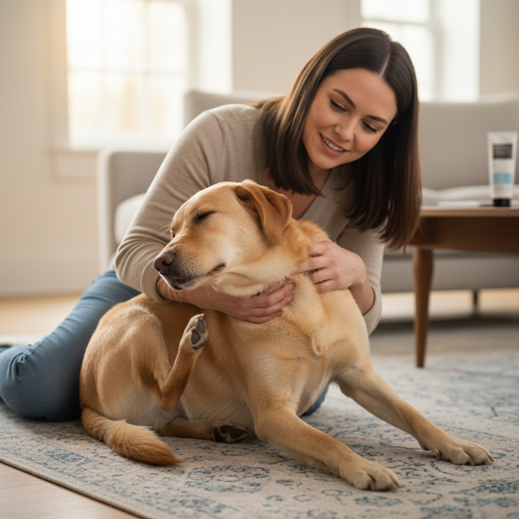 Dog scratching irritated skin at home with owner checking coat