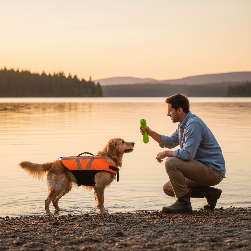 Owner using a life jacket and floating toy with dog at a calm lake