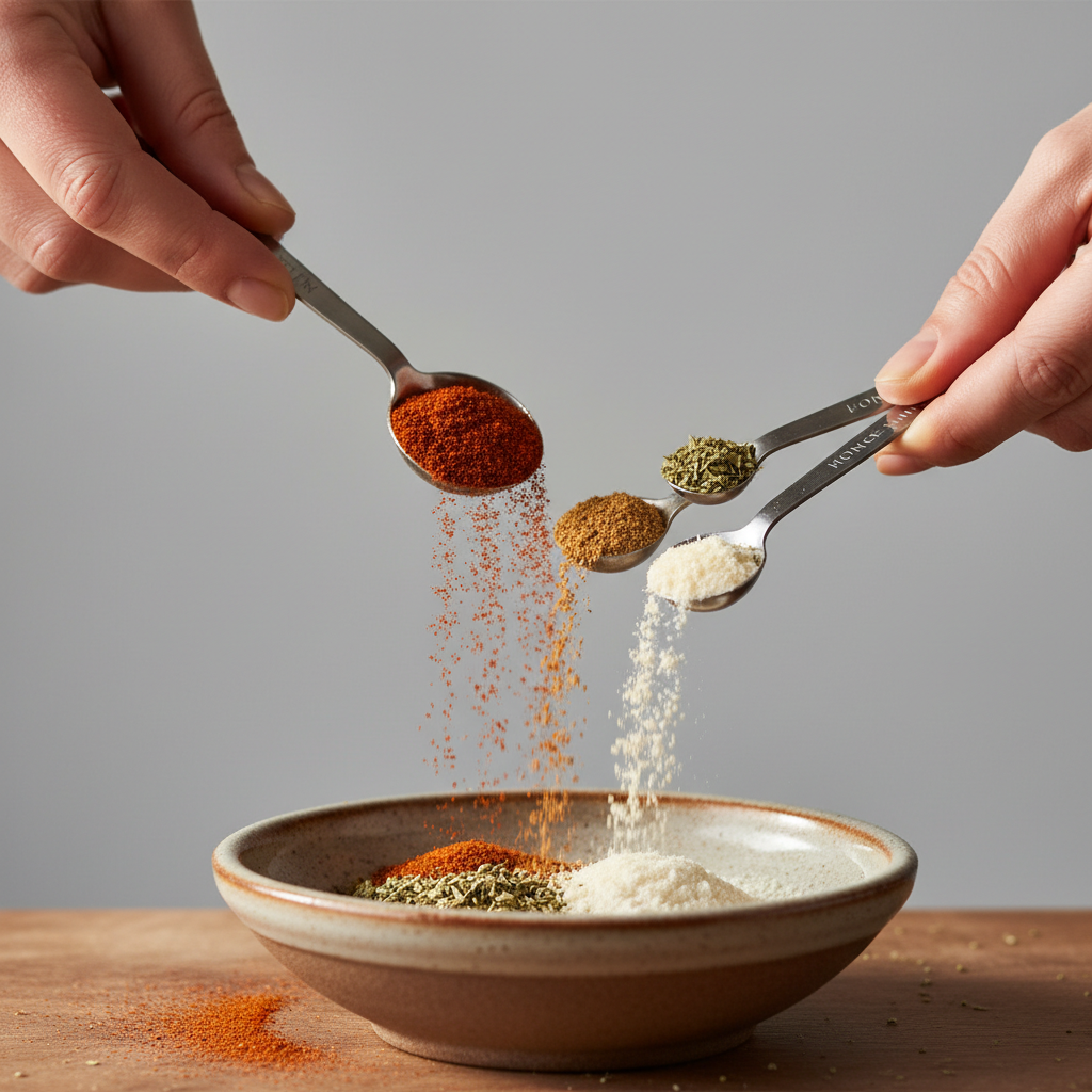 Measuring spoons mixing paprika cumin garlic powder to make homemade spice mix
