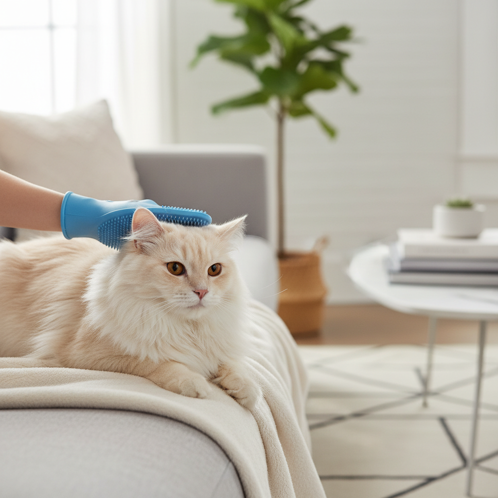 Long hair cat being gently groomed with a grooming glove