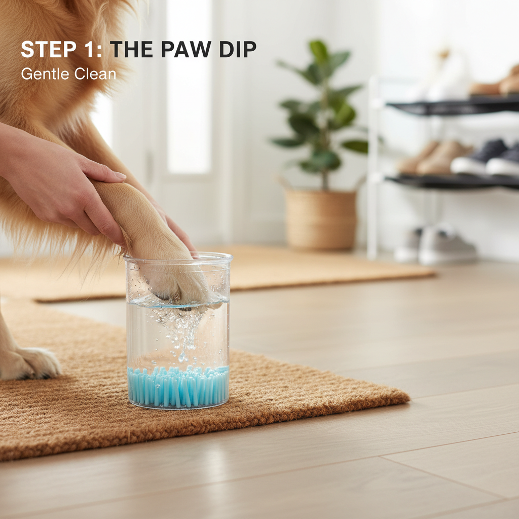 Step-by-step quick wash using a dog paw cleaner cup with towel dry