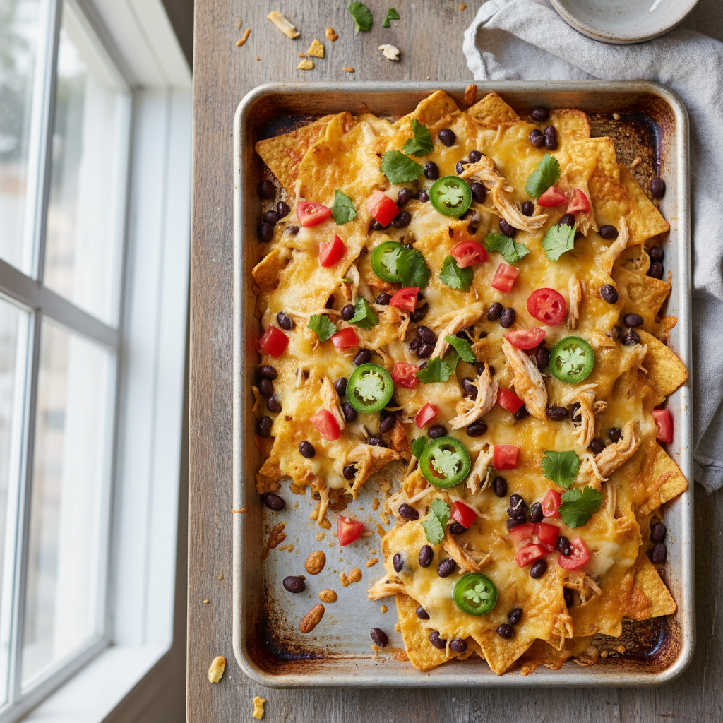 Sheet-pan nachos made from leftovers with melted cheese and fresh toppings