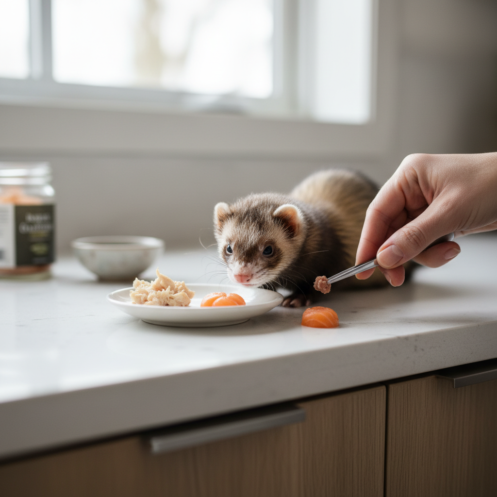 Healthy small bite ferret treats in a simple home setup