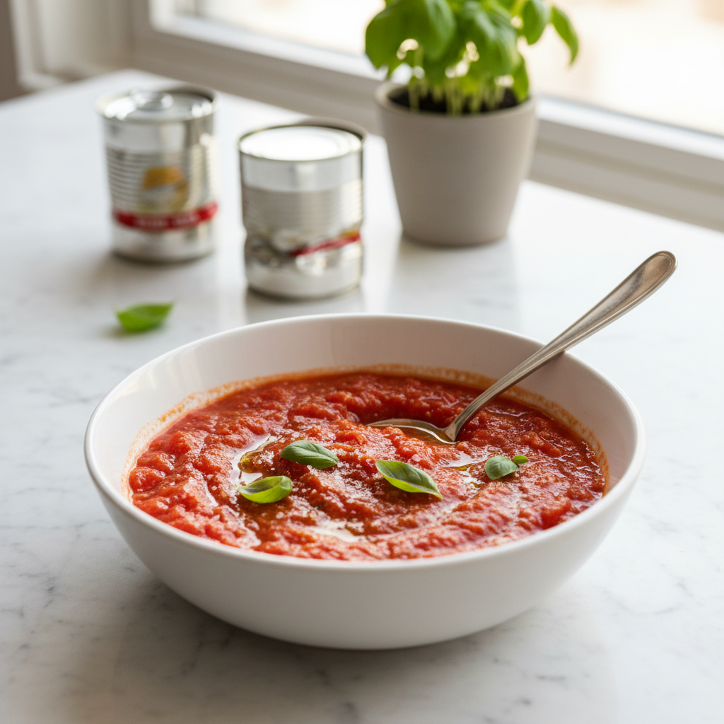 Simple no-cook tomato sauce for margherita pizza in a bowl