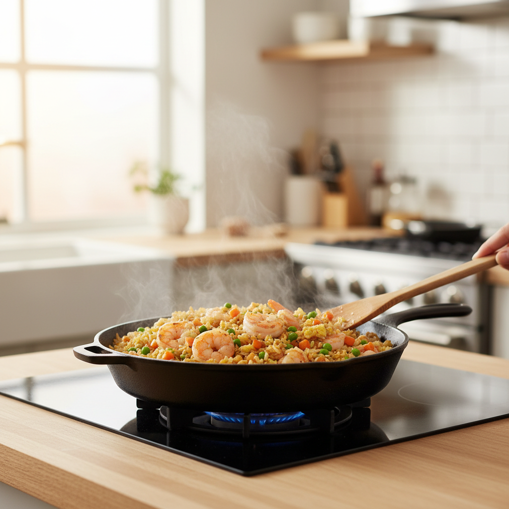 Easy shrimp fried rice in a skillet with peas, carrots, and scrambled egg