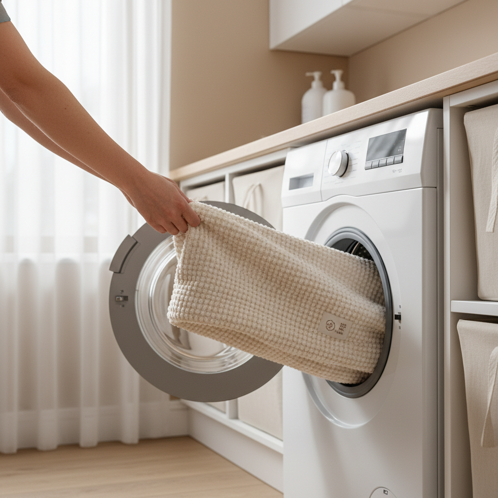 Washing a removable cat bed cover in a home laundry room