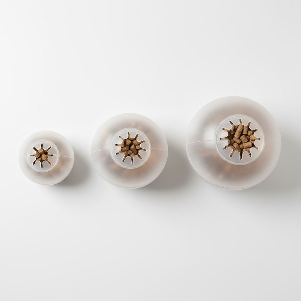 Comparison of rabbit treat balls showing adjustable holes and sizes