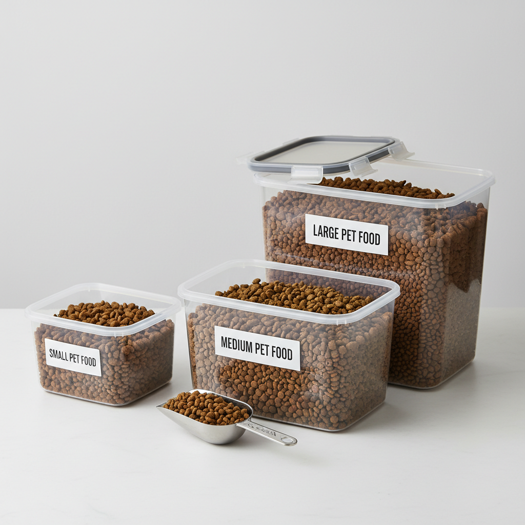 Different sizes of airtight dog food containers with measuring scoop and labels