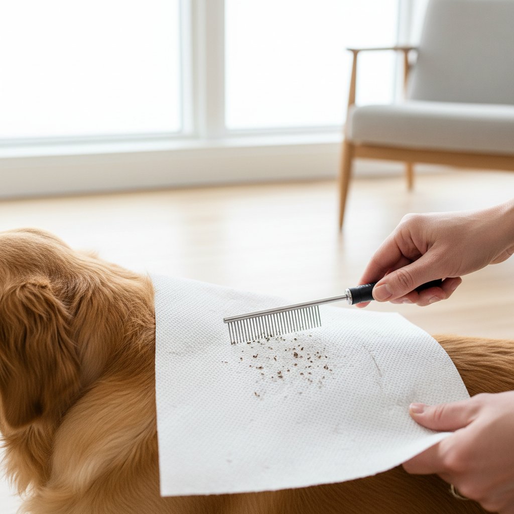 Owner using flea comb to check dog coat for flea dirt on white paper towel