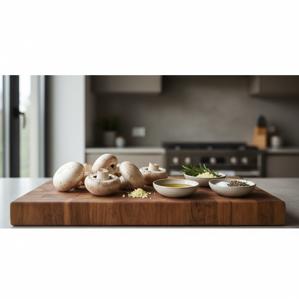 Portobello mushrooms on a cutting board with olive oil and garlic for easy weeknight cooking