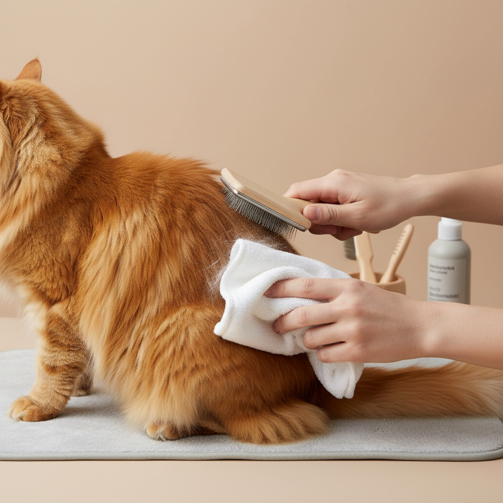 Brushing out cat dry shampoo powder to prevent residue and licking