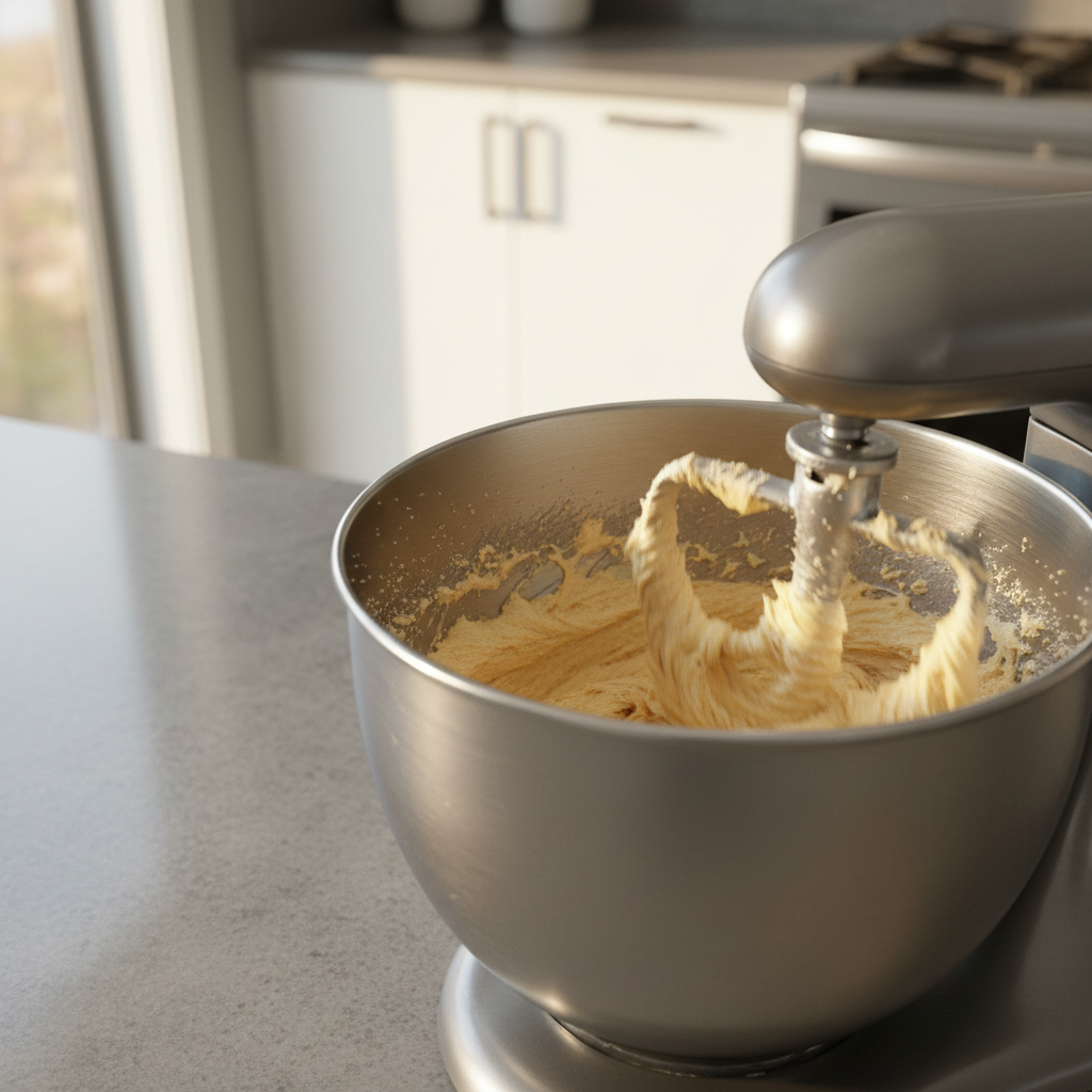 Mixing cookie dough with brown sugar and softened butter in a stand mixer