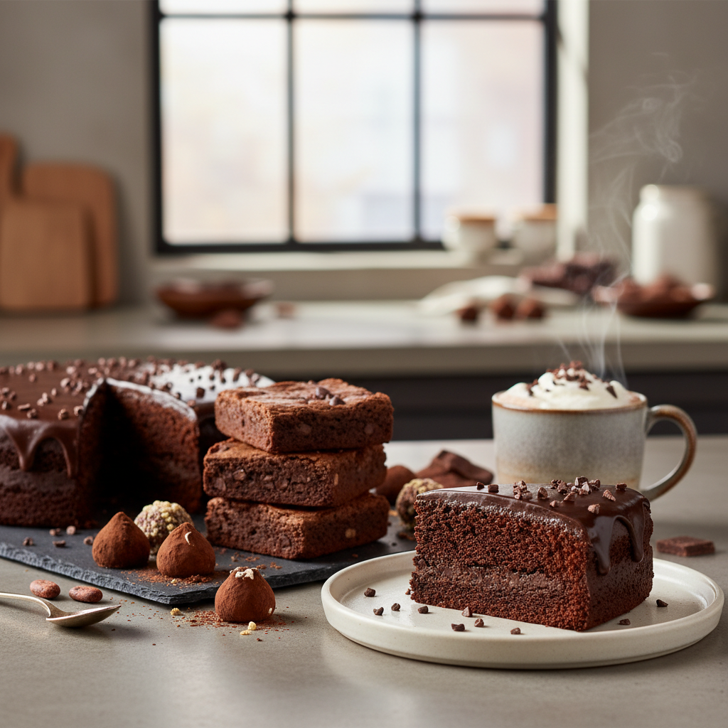 Assorted decadent chocolate desserts on a kitchen counter