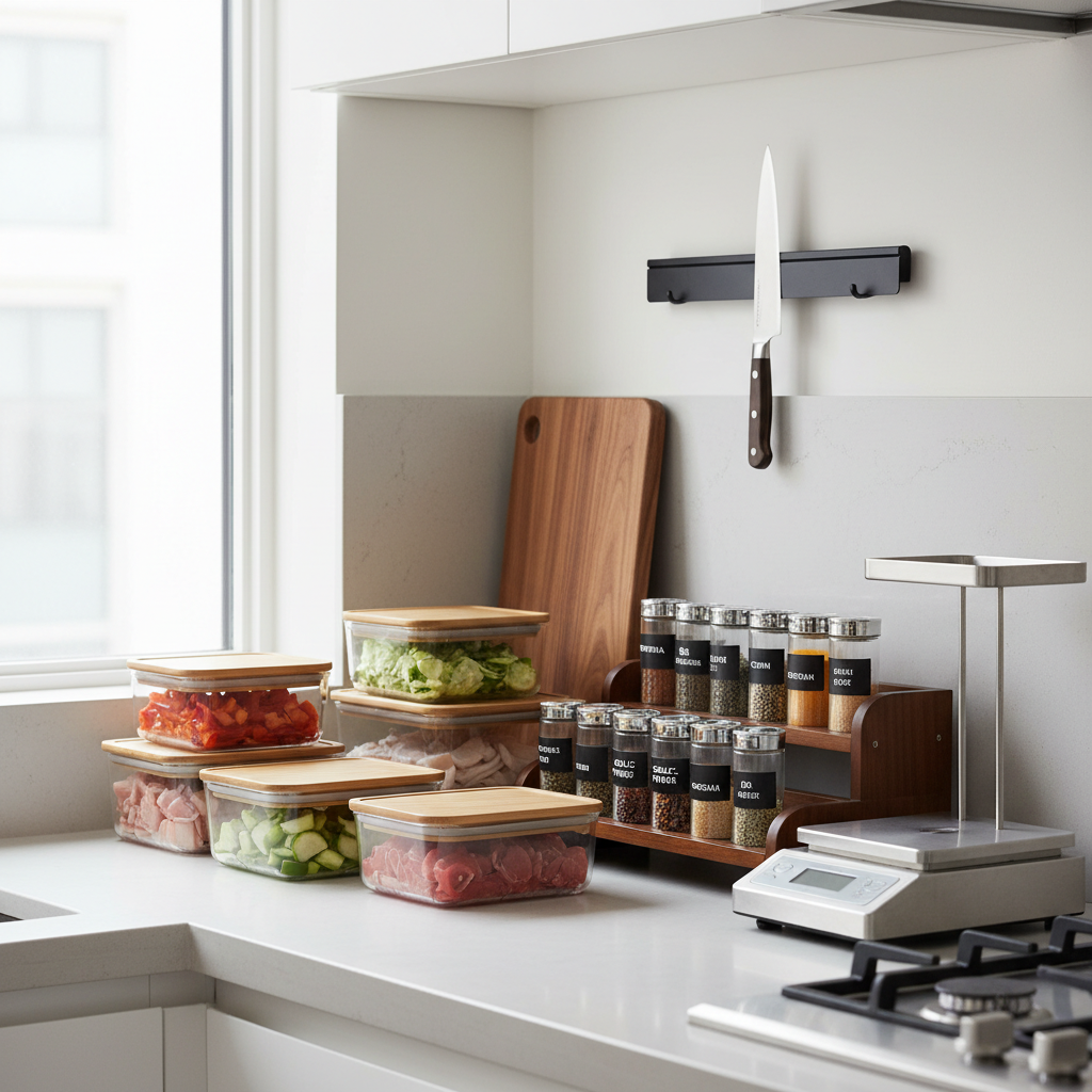 Time-saving kitchen setup with meal prep containers and organized tools