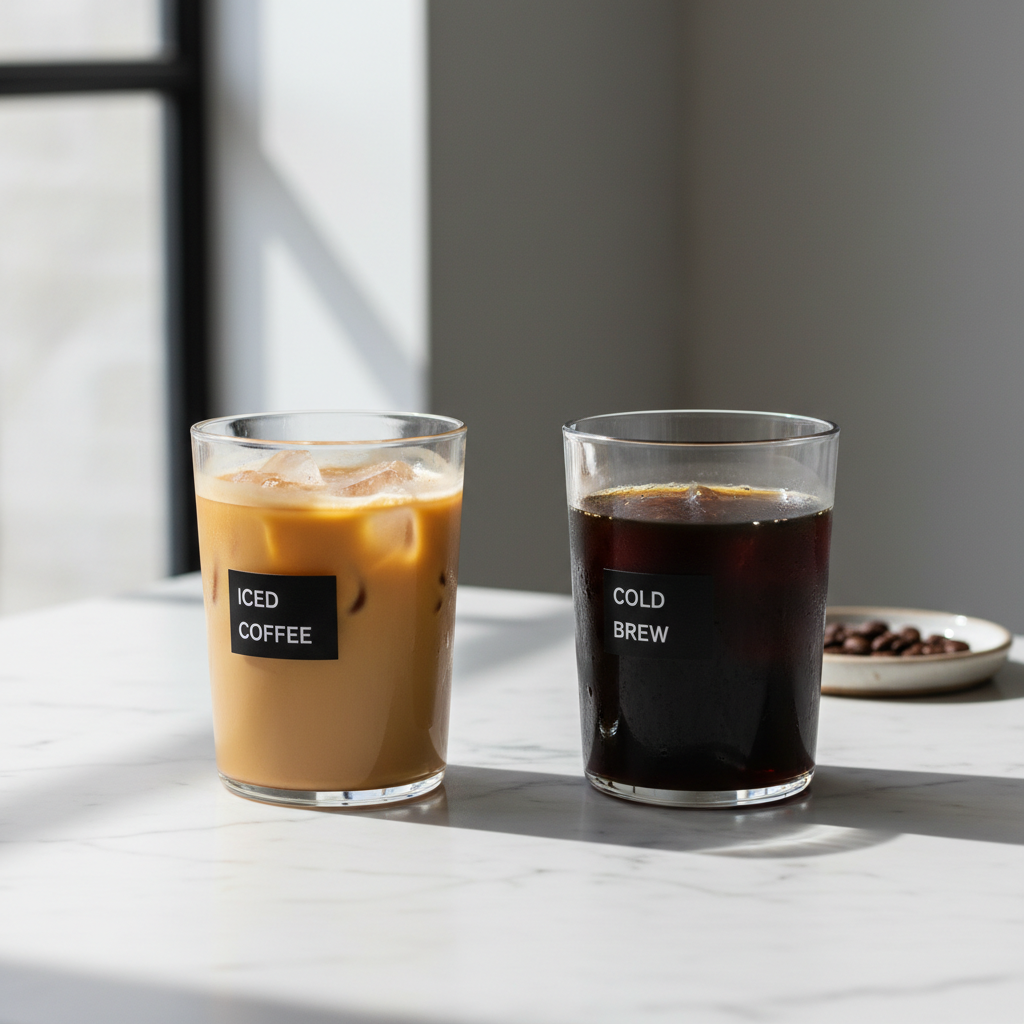 Side-by-side iced coffee and cold brew in clear glasses