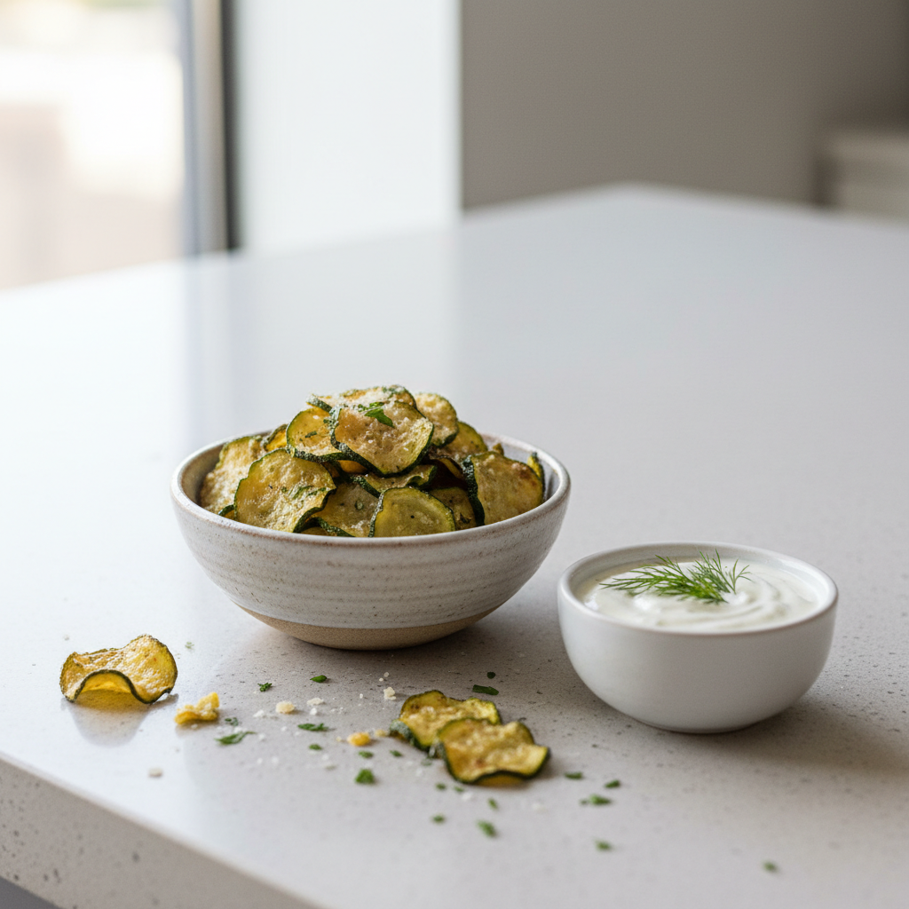 Small bowl of baked zucchini chips served as a healthy snack with dipping sauce