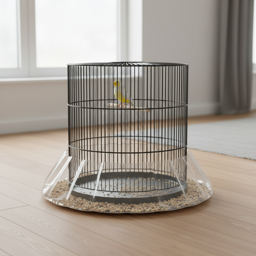 Bird cage with seed catcher skirt installed to reduce seed mess on floor