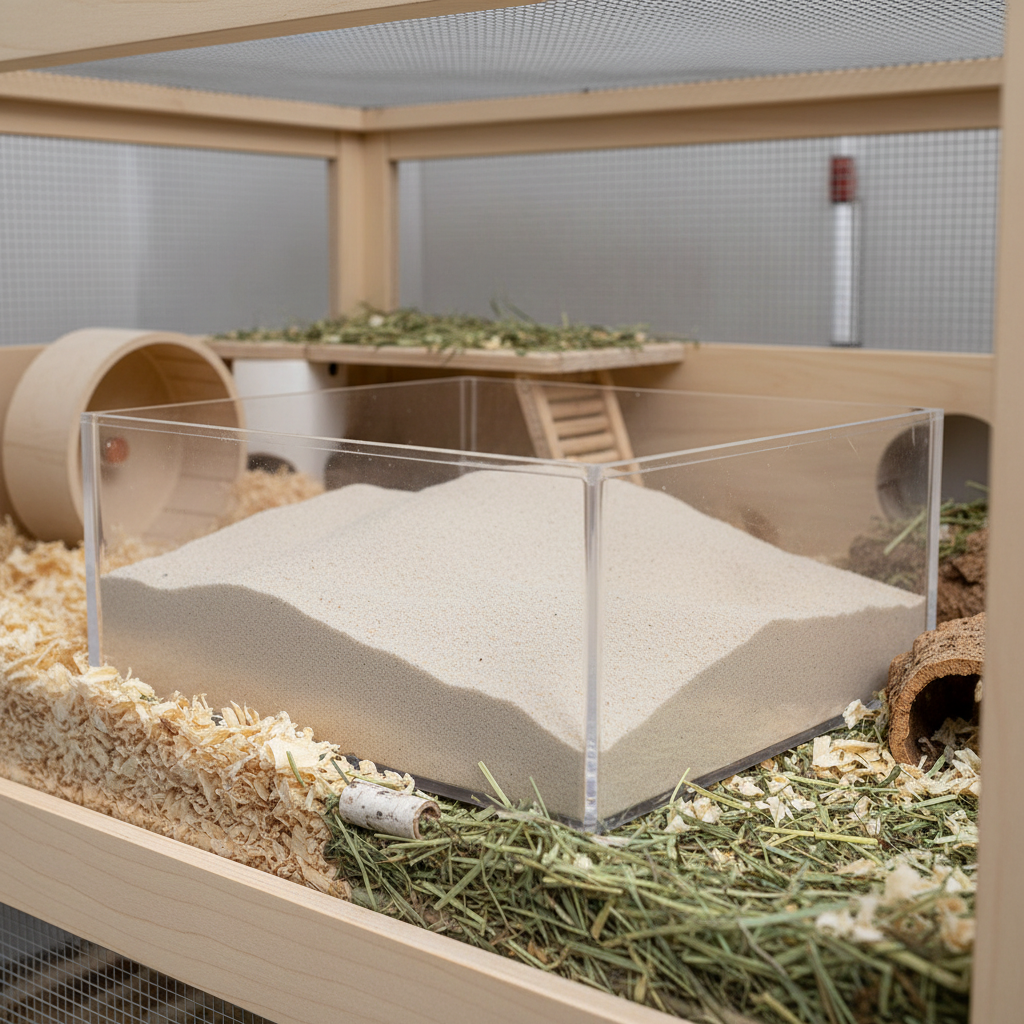 Large deep hamster sand bath container inside a spacious cage setup