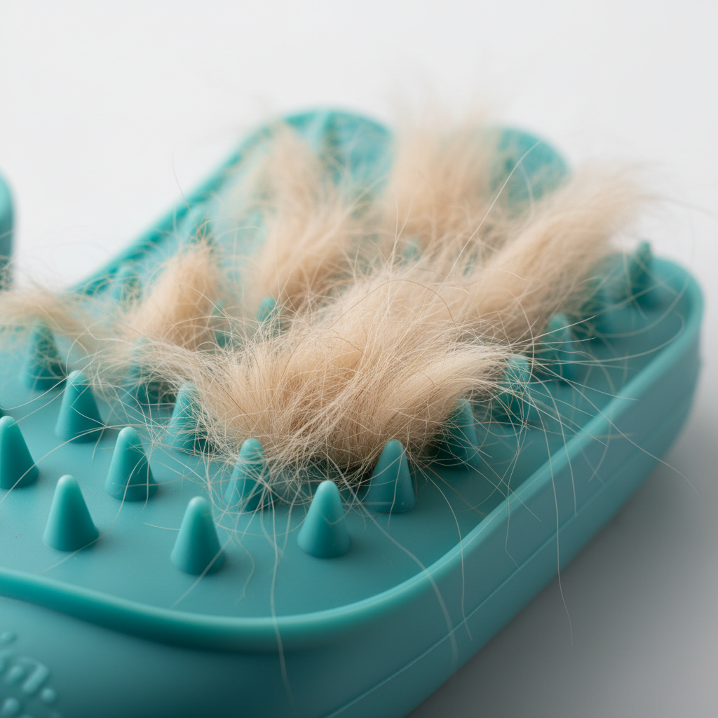 Close-up of silicone grooming glove tips catching dog fur
