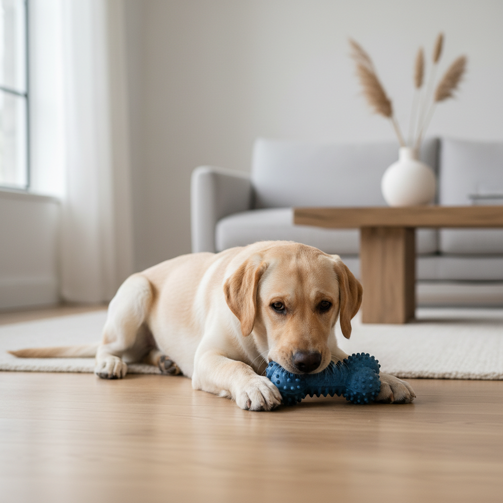Large breed puppy chewing a durable rubber teething toy at home