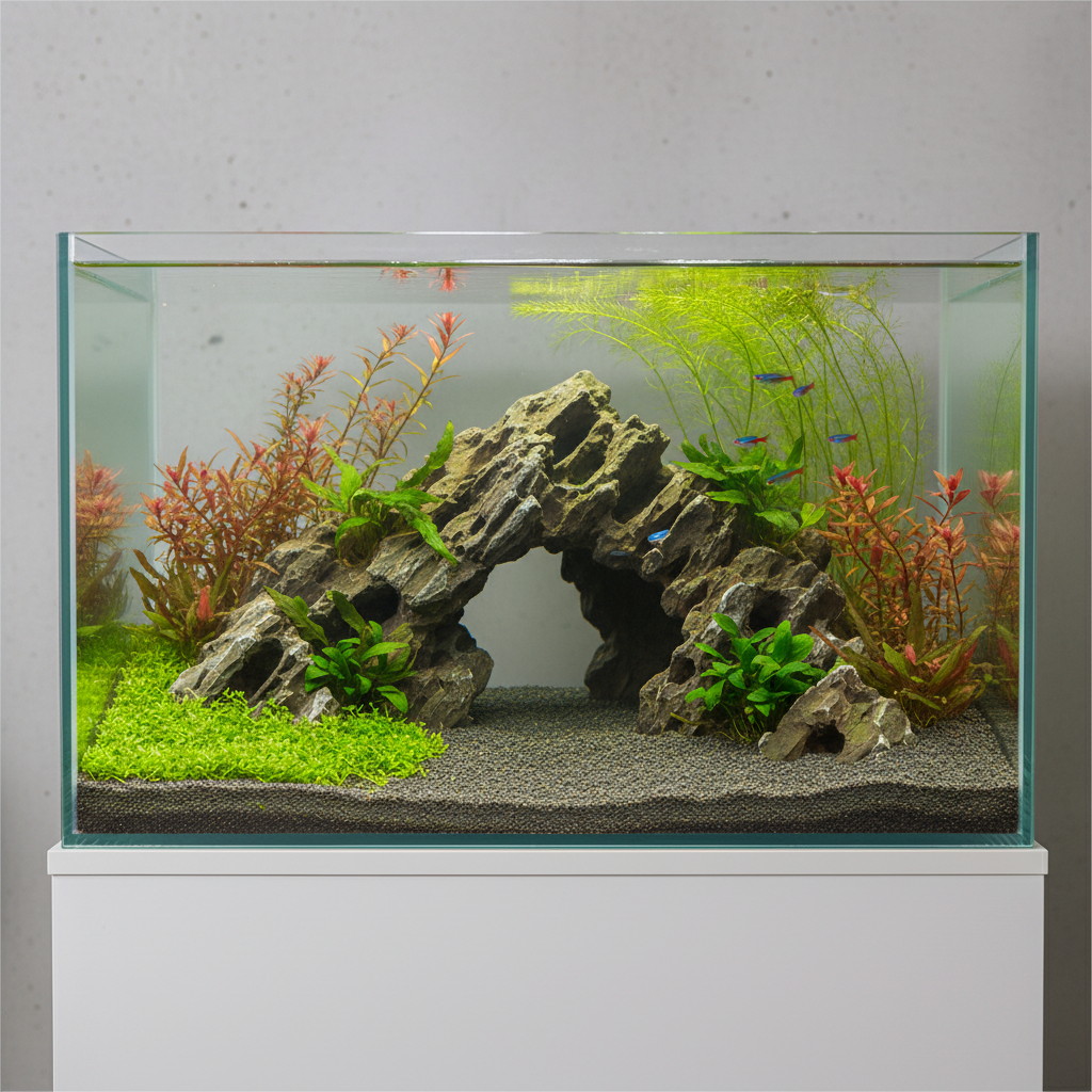 Aquarium rock cave placed securely on substrate with plants and open swimming space