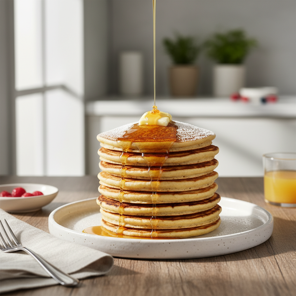 Fluffy gluten free pancakes stacked with butter and maple syrup