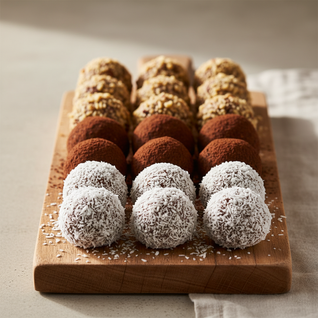Energy balls flavor variations with different coatings like coconut, cocoa, and chopped nuts