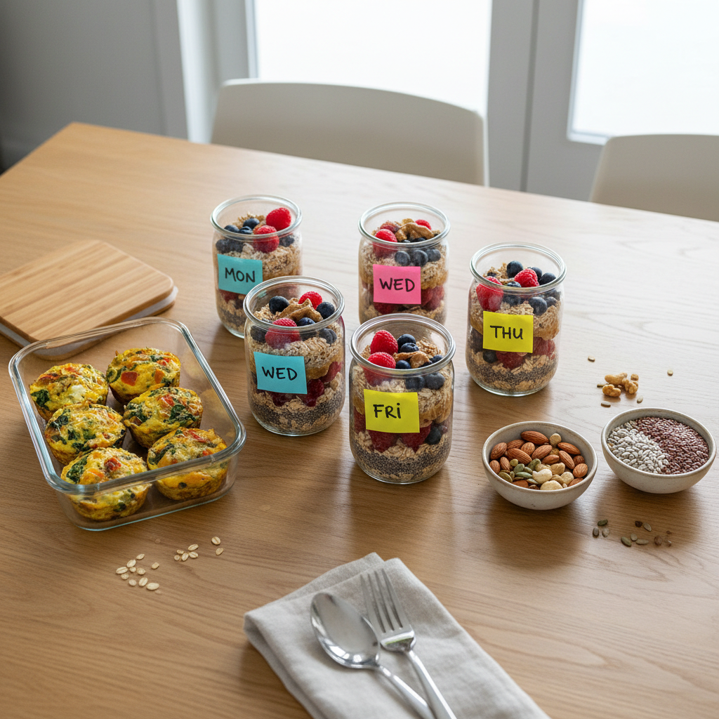 Meal prep breakfast jars and egg muffins arranged for a busy weekday morning