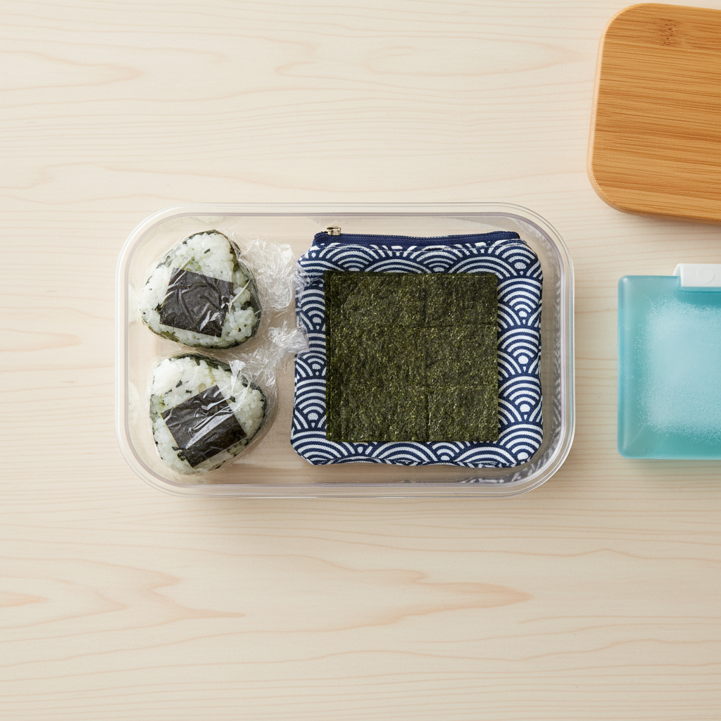 Packed onigiri lunch with separate nori and ice pack in container