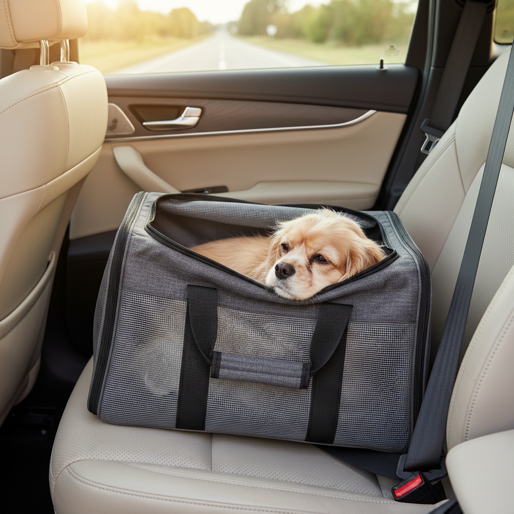 Small dog resting comfortably inside a breathable mesh pet carrier bag during car travel