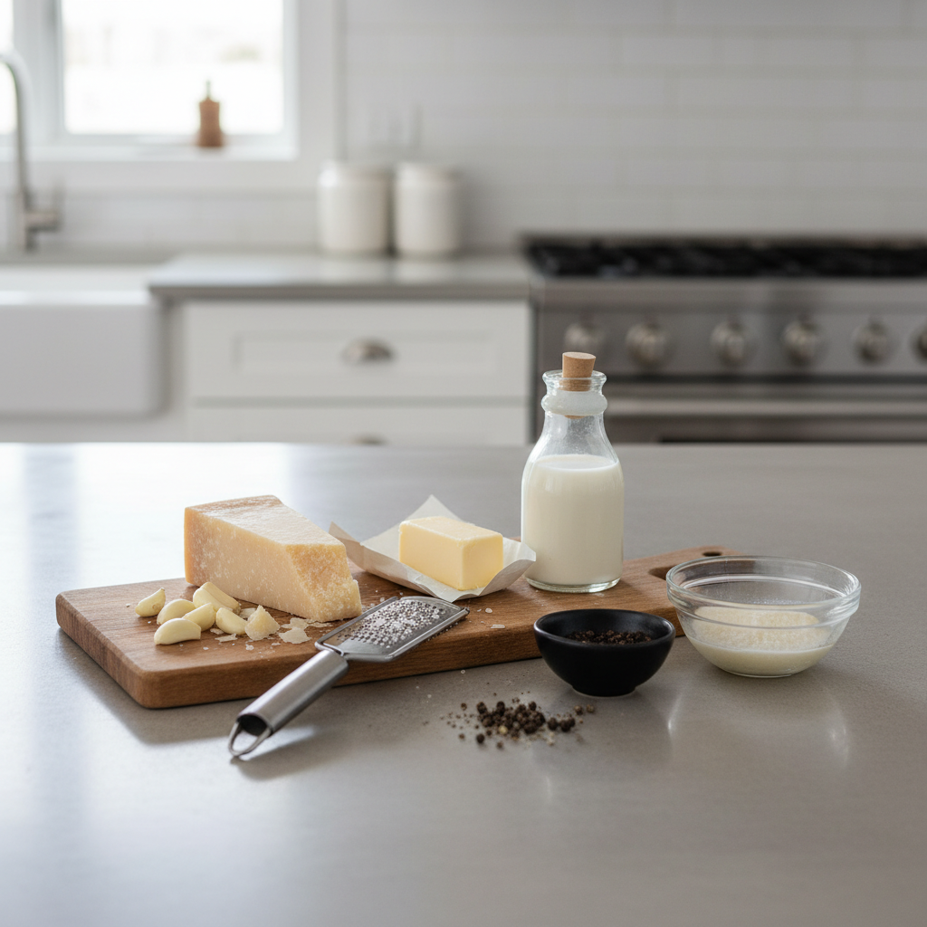 Ingredients for homemade creamy Alfredo sauce on a kitchen counter