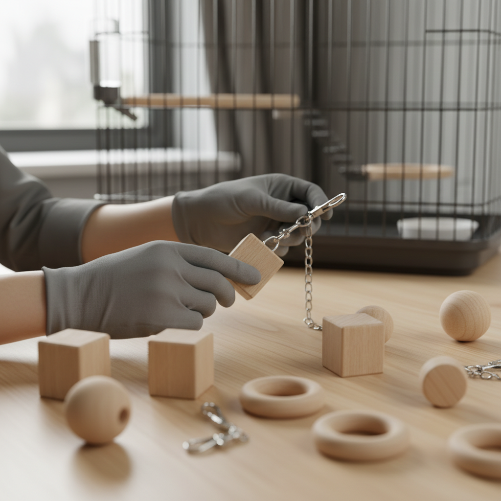 Inspecting wooden chew toys for splinters and safe hardware before placing in cage