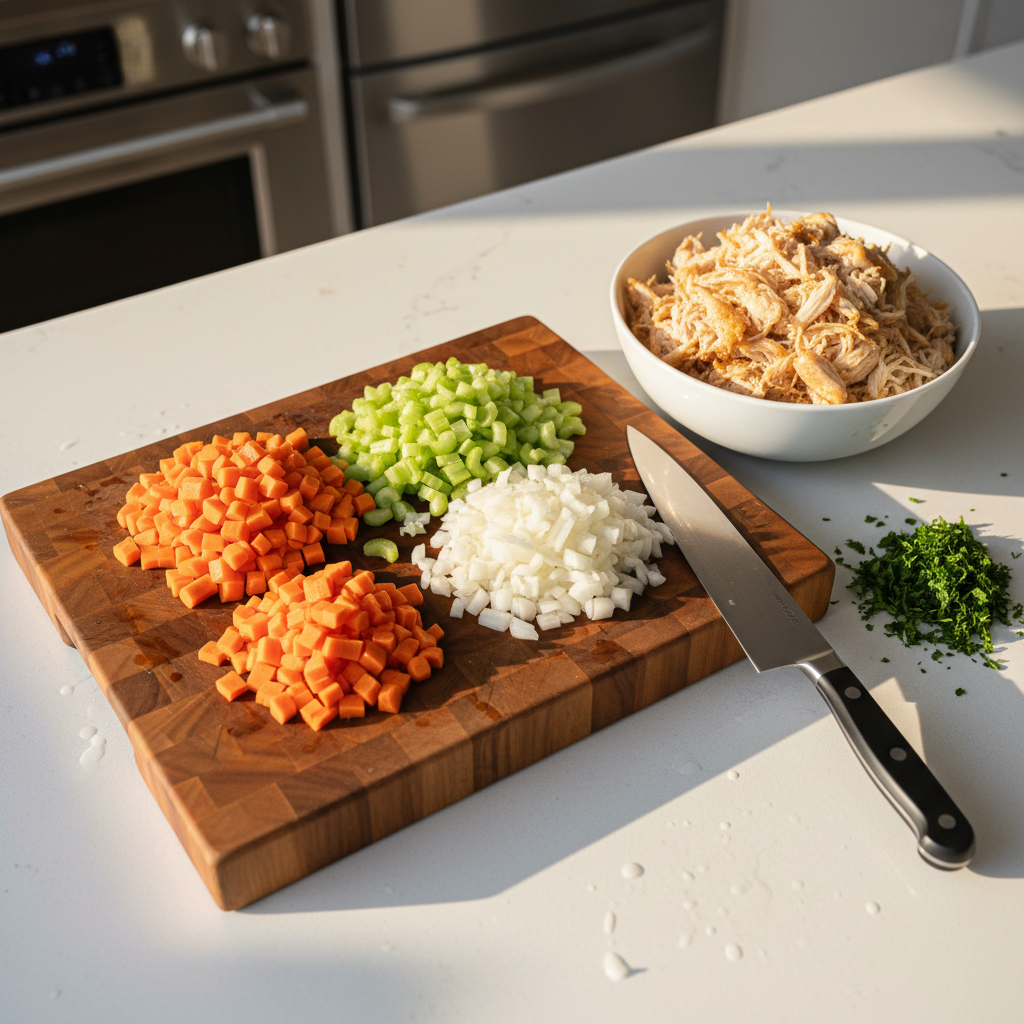 Chopped soup vegetables and shredded chicken prepared for homemade chicken noodle soup