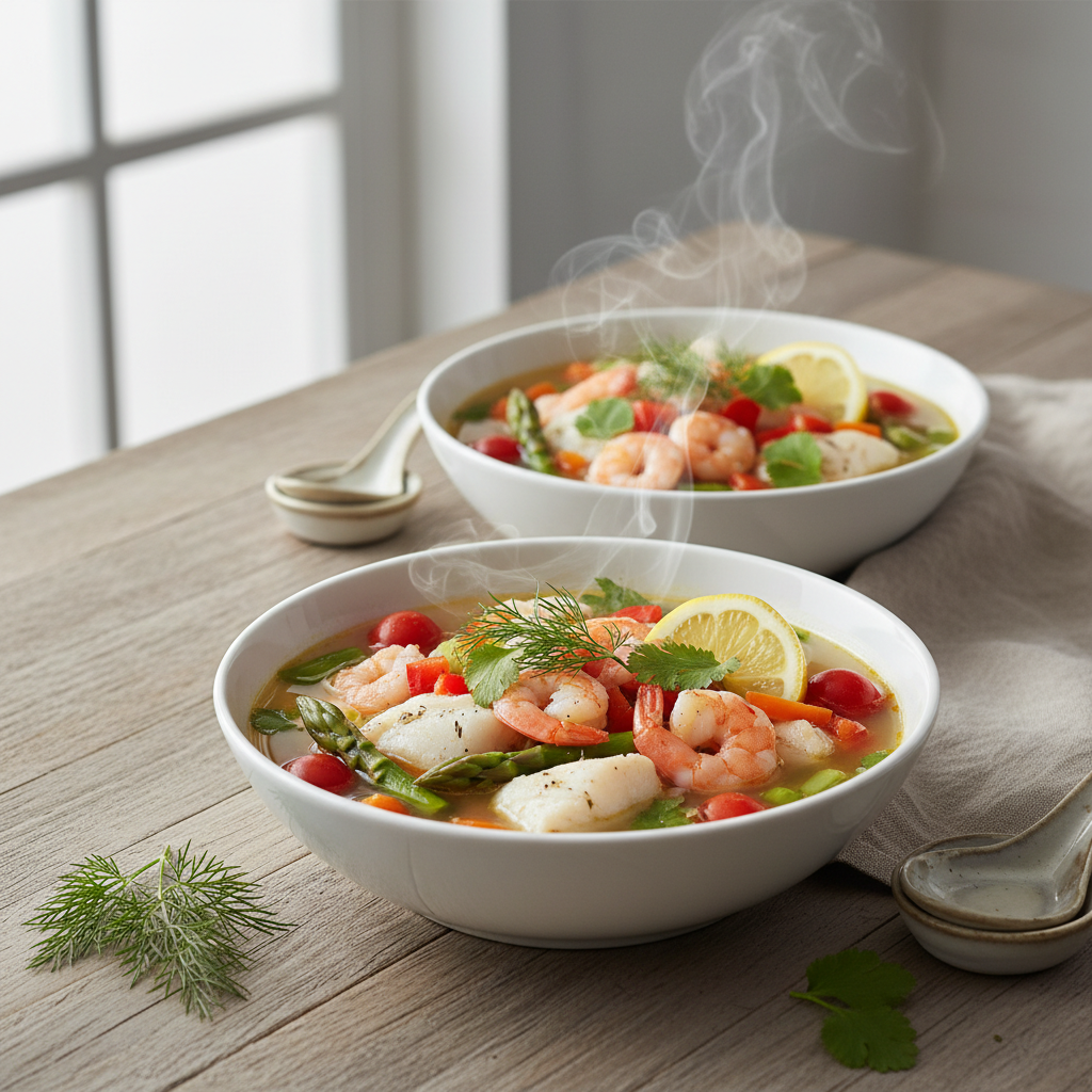 Healthy seafood soup served in bowls with herbs and lemon