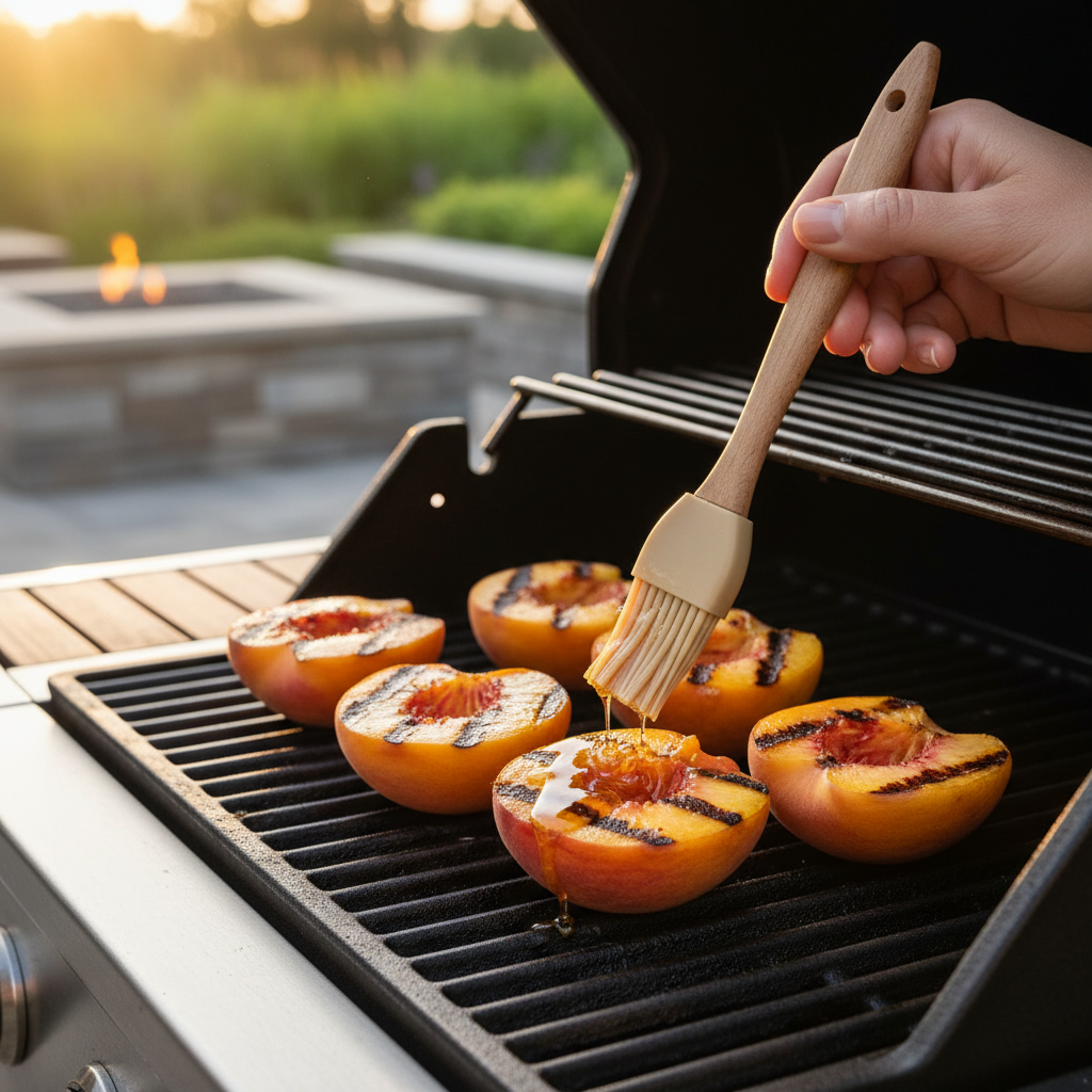 Honey brushed grilled peaches on a backyard grill with caramelized grill marks